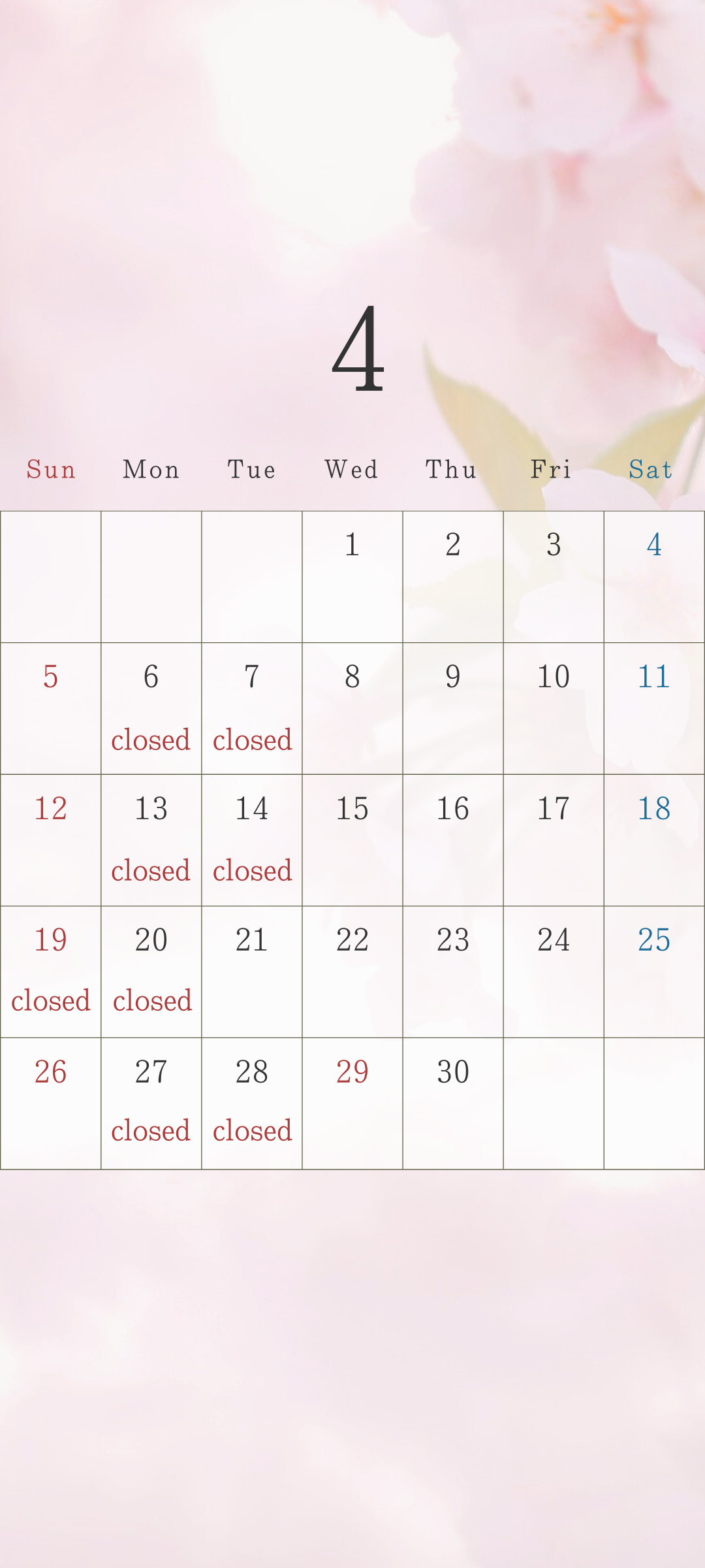 岡山県赤磐市美容院Alongの4月営業日カレンダー